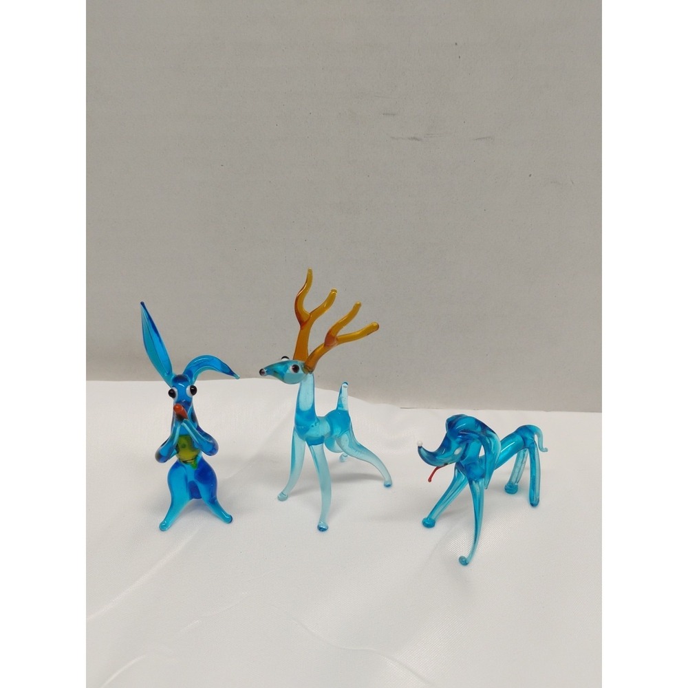 Lot 3 Vtg Blown Art Glass Miniature Figurines BLUE Deer Rabbit Dog